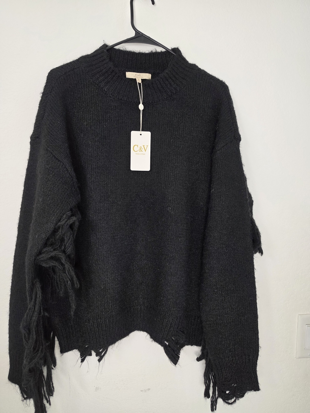 Chelsea & Violet Black Distressed Fringe Knit Pullover